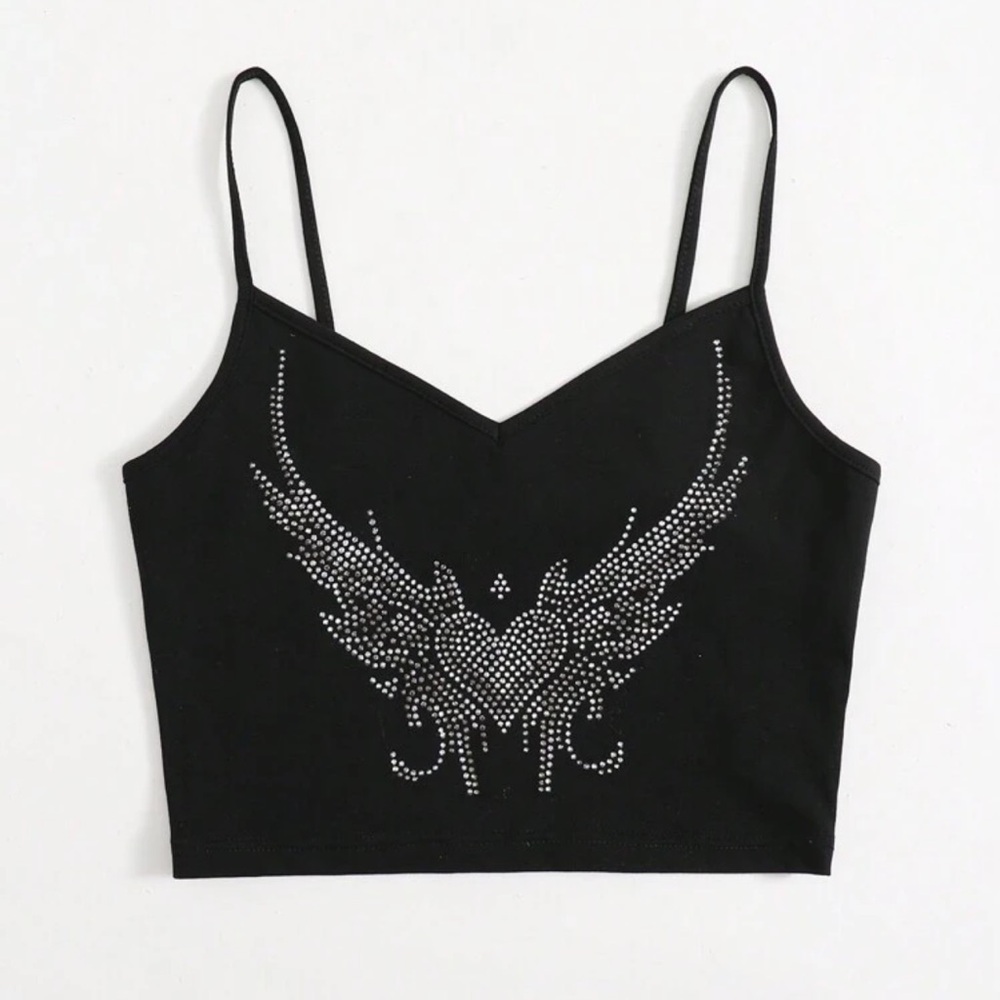 shein coolane rhinestone graphic cami top black cotton silver bling y2k xs 2